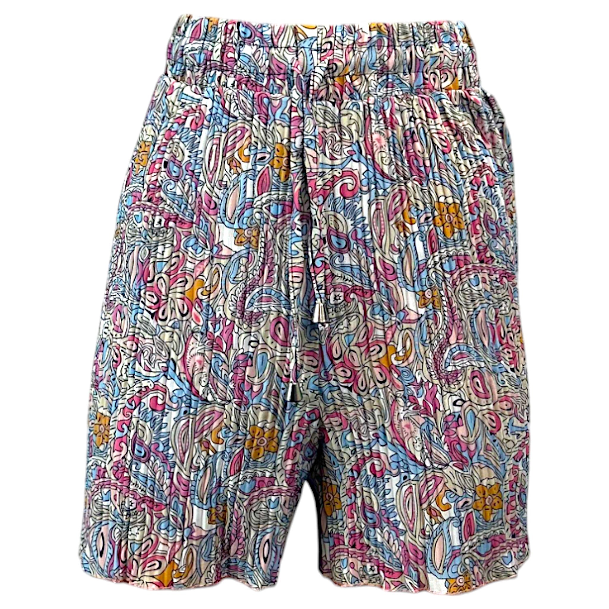 Women's multicolour paisley print shorts with elasticated waist and drawstring tie, lightweight summer casual shorts